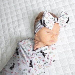 Black Lab Baby Swaddle Blanket and Bow Yellow Labrador Swaddle With Name