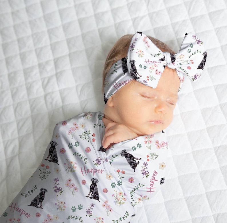 Black Lab Baby Swaddle Blanket and Bow Yellow Labrador Swaddle With Name