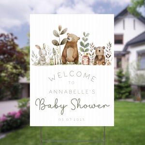 Letrero de bienvenida para baby shower de Forest Critters Woodland, póster de bienvenida de Woodland, tablero de espuma de género neutro, letrero de jardín para baby shower