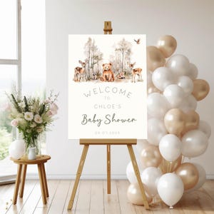 Letrero de bienvenida para baby shower con criaturas del bosque, decoración de bosque, tablero de espuma para niña y niño, letrero de jardín para baby shower, póster de bienvenida de bosque, género neutro