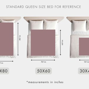 May include: Diagram showing the standard queen size bed dimensions for reference. The diagram shows three different sizes of bedding: 60x80 inches, 50x60 inches, and 30x40 inches.
