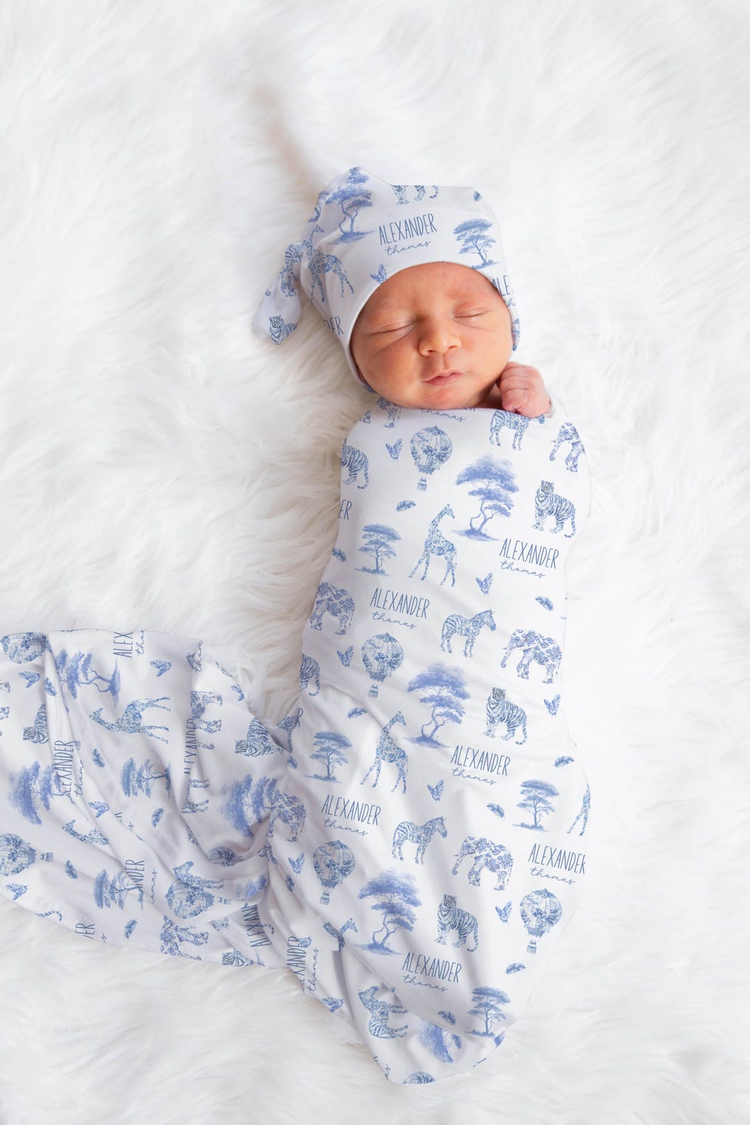 Blue Toile Baby Boy Personalized Safari Swaddle Set Baby Boy Keepsake ...