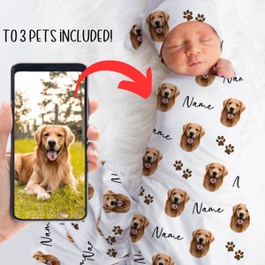 Custom Pet Portrait Swaddle Blanket, Personalized Baby Swaddle Set, Newborn Photo Prop,   Receiving Blanket Newborn Coming Home Outfit Baby
