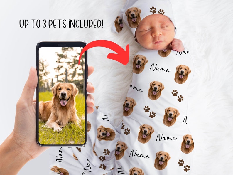 Custom Pet Portrait Swaddle Blanket, Personalized Baby Swaddle Set, Newborn Photo Prop,   Receiving Blanket Newborn Coming Home Outfit Baby