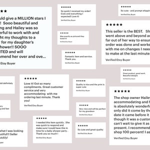 May include: A collection of positive customer reviews for an Etsy shop. The reviews highlight the quality of the products, the excellent customer service, and the shop owner's responsiveness and willingness to accommodate customer requests.
