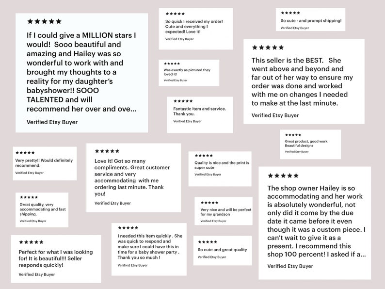 May include: A collection of positive customer reviews for an Etsy shop. The reviews highlight the quality of the products, the excellent customer service, and the shop owner's responsiveness and willingness to accommodate customer requests.