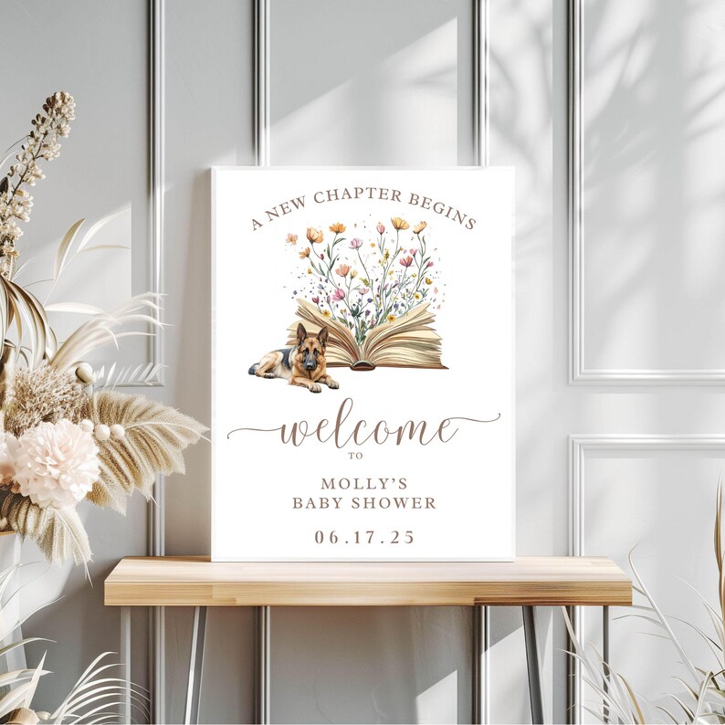 First Chapter Welcome Sign A New Chapter Begins Baby Shower Welcome Sign With German Shepherd GSD ...