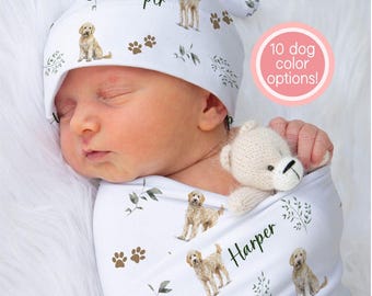 Goldendoodle Swaddle Blanket With Name Golden Doodle Swaddle Custom Labradoodle Dog Baby Shower Gift For Baby Hospital Photo | Greenery