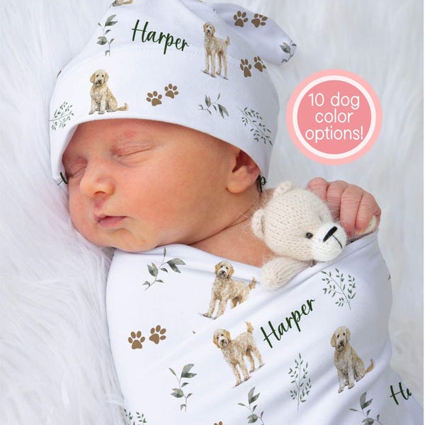 Goldendoodle Swaddle Blanket With Name Golden Doodle Swaddle Custom Labradoodle Dog Baby Shower Gift For Baby Hospital Photo | Greenery