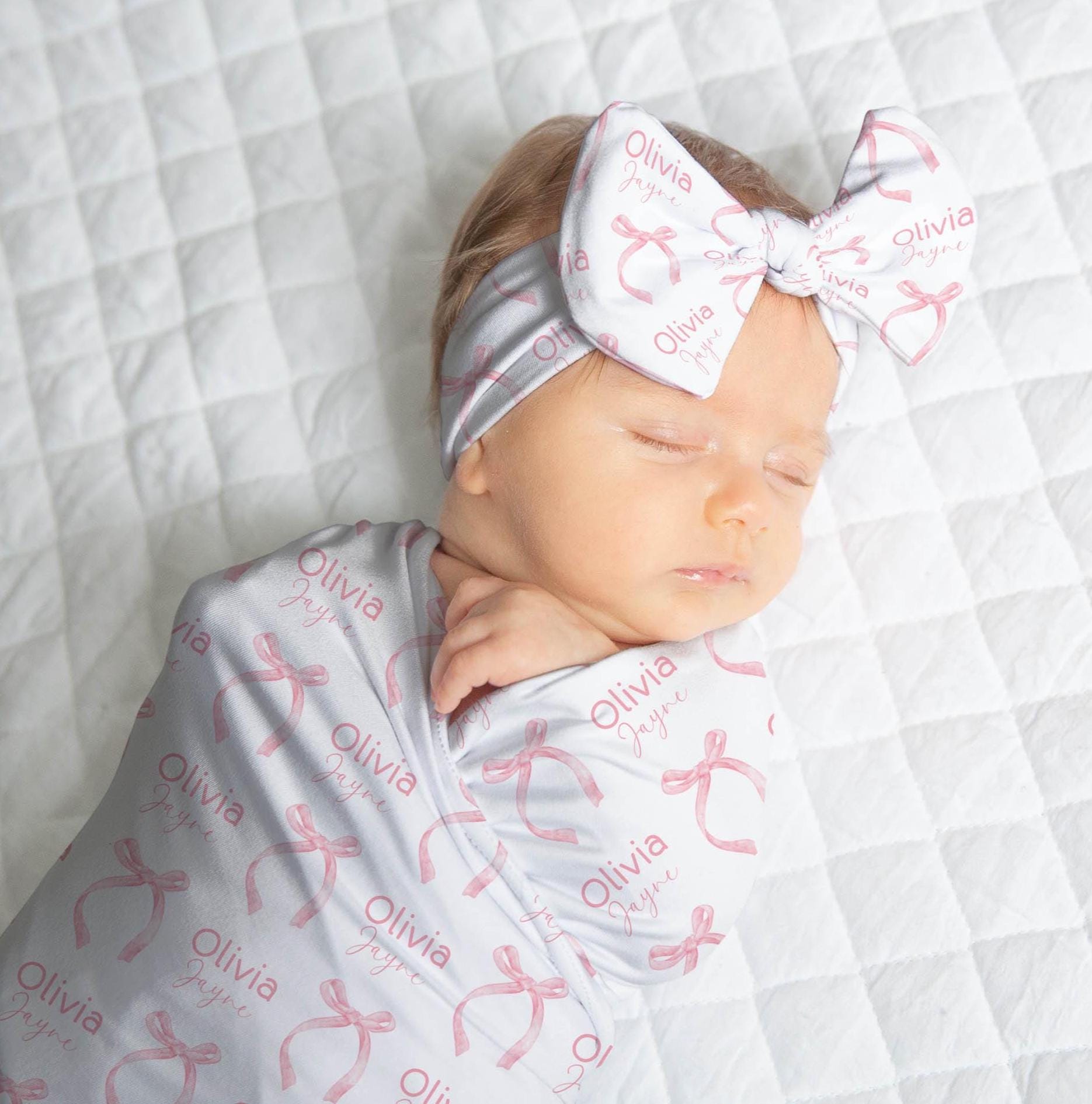 Custom Bow Swaddle Set Coquette Pink Swaddle Blanket With Name Personalized Baby Girl Swaddle With Bow Hospital Receiving Blanket Newborn