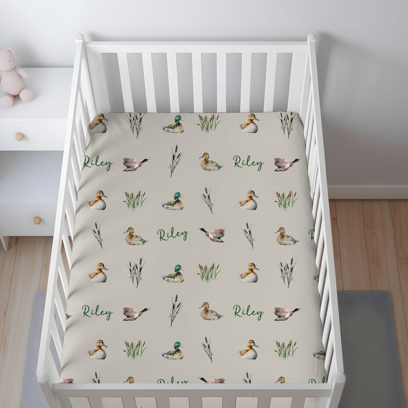 Ducks Crib Sheet, Personalized Duck Hunting Nursery Bedding, Mallard ...
