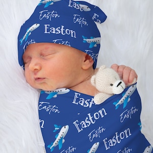 Airplane Baby Name Swaddle Personalized Baby Boy Airplane Swaddle Hat Newborn Coming Home Outfit Hospital Swaddle Personal Swaddle Blanket