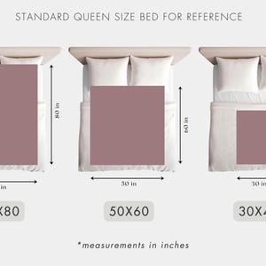 May include: Diagram showing three different sizes of bedding, labeled 60x80, 50x60, and 30x40, with measurements in inches. The bedding is shown on a white bed with white pillows.