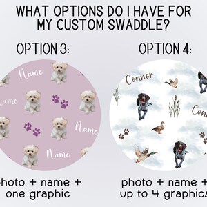 May include: Two options for a custom swaddle blanket. Option 3 shows a pink background with a white dog and paw prints. Option 4 shows a white background with a brown and white dog, ducks, and reeds. Both options include the text "Name" or "Connor".