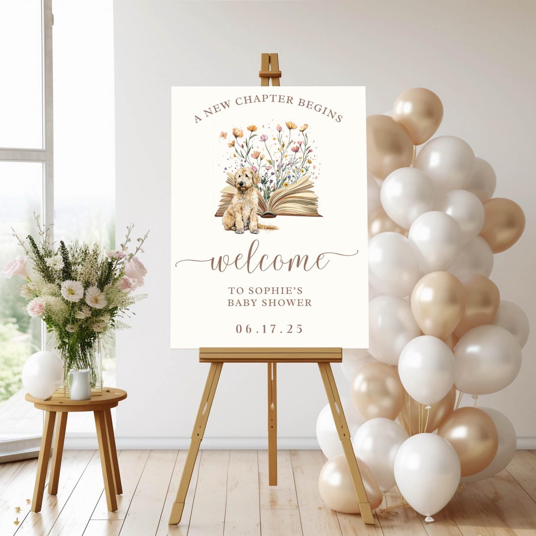 First Chapter Welcome Sign A New Chapter Begins Baby Shower Welcome Sign With Goldendoodle ...