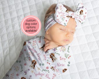 Cavalier King Charles Spaniel Swaddle Blanket With Name Custom Wildflower Blanket Personalized Baby Shower Gift For Baby Name Blanket
