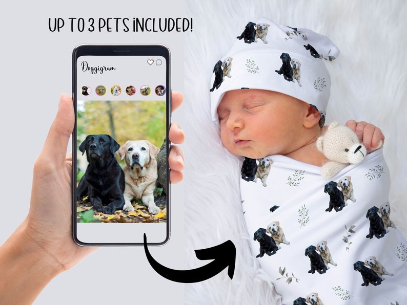 Personalized Baby Swaddle Set With Pet Photo Newborn Hospital Photo Receiving Blanket Coming Home Outfit Baby Custom Pet Portrait Swaddle
