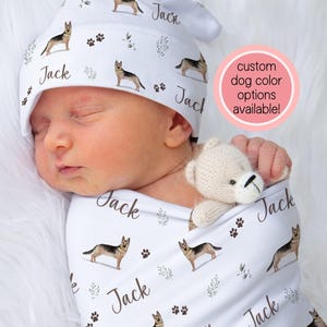 German Shepherd Baby Swaddle Blanket Personalized GSD Swaddle Custom Dog Baby Shower Gift Baby Boy Crib Bedding Baby Girl Name | Greenery