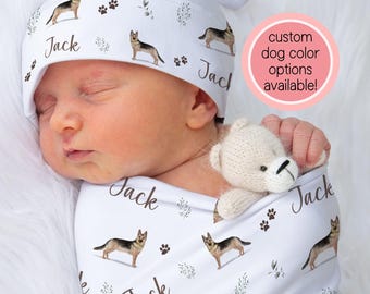 German Shepherd Baby Swaddle Blanket Personalized GSD Swaddle Custom Dog Baby Shower Gift Baby Boy Crib Bedding Baby Girl Name | Greenery