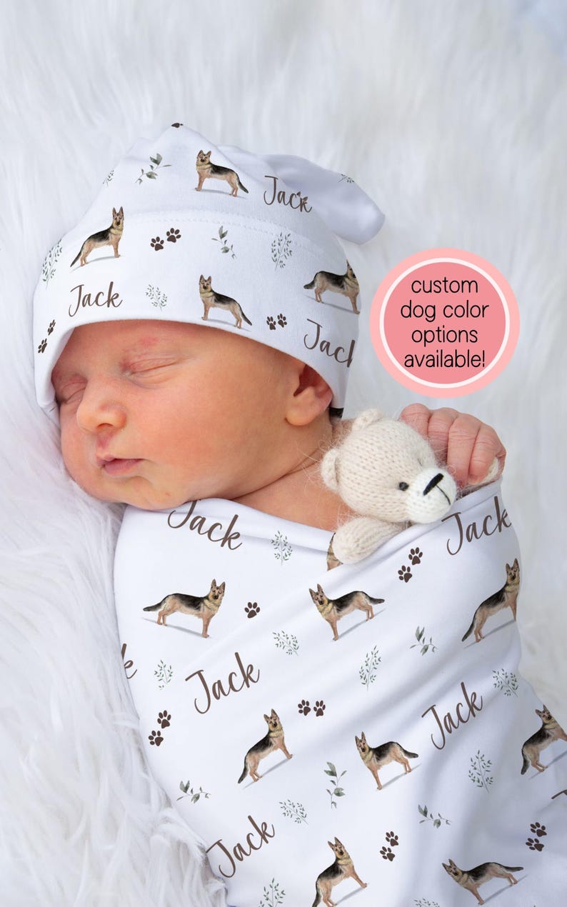 German Shepherd Baby Swaddle Blanket Personalized GSD Swaddle Custom Dog Baby Shower Gift Baby Boy Crib Bedding Baby Girl Name | Greenery