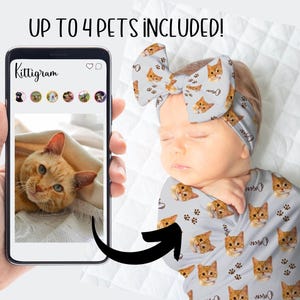 Custom Cat Swaddle Blanket Personalized Baby Swaddle Set With Cat Photo Newborn Hospital Photo Hospital Receiving Name Blanket Coming Home