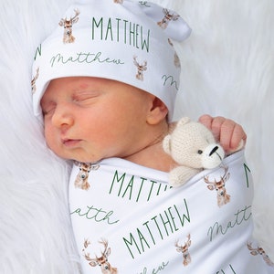 Woodland Personalized Baby Swaddle Blanket, Deer Hunting Blanket, Custom Deer Baby Name Blanket Hospital Blanket Baby Shower Gift New Baby