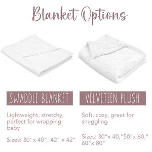 May include: Two white blankets, one a swaddle blanket and the other a velvety plush blanket. The swaddle blanket is lightweight and stretchy, perfect for wrapping a baby. The velvety plush blanket is soft and cosy, great for snuggling. The swaddle blanket is available in two sizes: 30 inches by 40 inches and 42 inches by 42 inches. The velvety plush blanket is available in three sizes: 30 inches by 40 inches, 50 inches by 60 inches, and 60 inches by 80 inches.