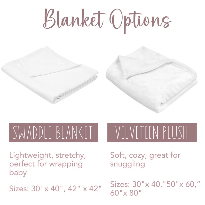 May include: Two white blankets, one a swaddle blanket and the other a velvety plush blanket. The swaddle blanket is lightweight and stretchy, perfect for wrapping a baby. The velvety plush blanket is soft and cosy, great for snuggling. The swaddle blanket is available in two sizes: 30 inches by 40 inches and 42 inches by 42 inches. The velvety plush blanket is available in three sizes: 30 inches by 40 inches, 50 inches by 60 inches, and 60 inches by 80 inches.