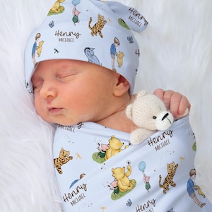 Classic Pooh Baby Name Swaddle Blanket Personalized Swaddle Set and Bow Classic Pooh Baby Shower Gift Classic Pooh Nursery Newborn Swaddle