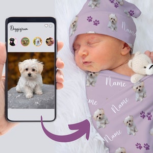Custom Pet Portrait Swaddle Blanket, Personalized Baby Swaddle Set, Newborn Photo Prop,   Receiving Blanket Newborn Coming Home Outfit Baby