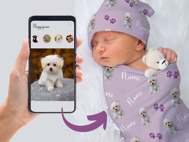 Custom Pet Portrait Swaddle Blanket, Personalized Baby Swaddle Set, Newborn Photo Prop,   Receiving Blanket Newborn Coming Home Outfit Baby