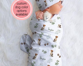 Brittany Spaniel Swaddle Blanket With Name Custom Brittany Spaniel Blanket Personalized Baby Shower Gift For Baby Name Blanket | Greenery