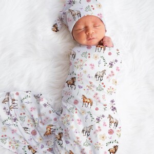 Horses Baby Swaddle Blanket Wildflower Baby Shower Gift Floral Horse Nursery