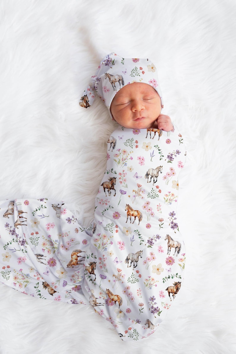 Horses Baby Swaddle Blanket Wildflower Baby Shower Gift Floral Horse Nursery
