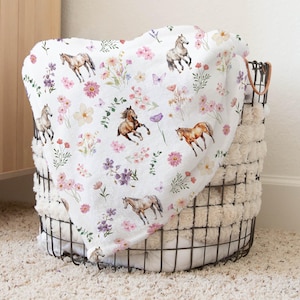Horses Blanket, Horse and Flowers Baby Blanket With Name, Horse Nursery Decor