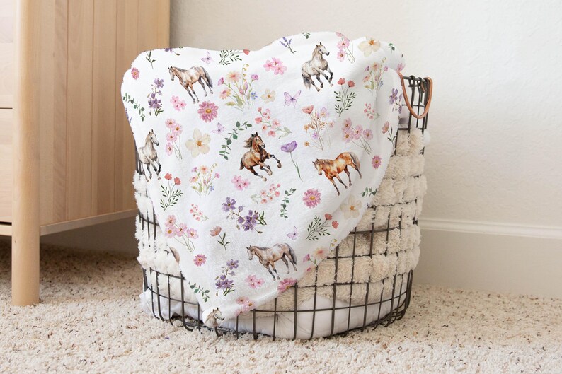 Horses Blanket, Horse and Flowers Baby Blanket With Name, Horse Nursery Decor