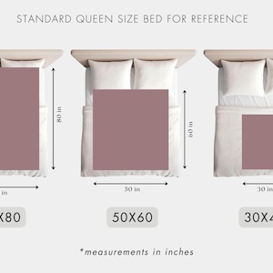 May include: Diagram showing the standard queen size bed dimensions for reference. The diagram shows three different sizes of bedding: 60x80 inches, 50x60 inches, and 30x40 inches.
