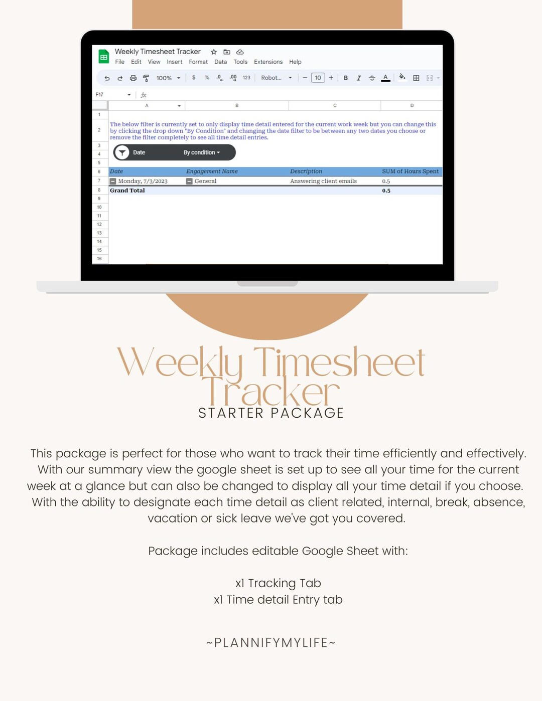 Weekly Timesheet Tracker Template in Google Sheets, Editable Time Log ...