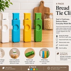 May include: A set of four rectangular bread tie clips in white, blue, yellow, and green. Each clip features a vertical ribbed texture, a circular indentation, and a spring-loaded mechanism. The text 4 PACK Bread Tie Clips is visible.