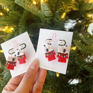 Handmade Snoopy Christmas Earrings: Polymer Clay Doghouse Dangles