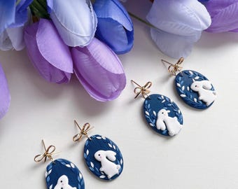 Handmade Polymer Clay Easter Bunny Earrings | Floral Spring Jewelry