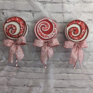3 Candy Cane themed Christmas lollipops, fake lollipops, decor, swag, tree, Christmas wreath attachments, Christmas props, Faux lollipops.