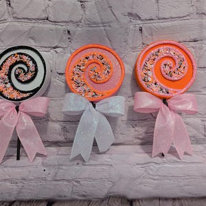 3 pink, black, white Halloween lollipops, fake lollipops, wreath attachments, Halloween wreath attachments, Halloween props, Halloween decor