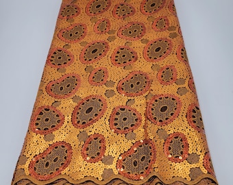 Orange Gold Sequin Lace Fabric, African Swiss Cotton, 5 Yards
