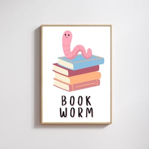 Kunst aan de muur boekenwurm - decor lezen - decor boek girly - muurkunst digitale boekenwurm