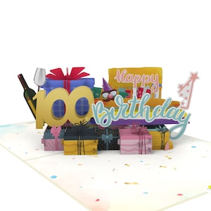 100th Happy Birthday With Presents And Wine Pop Up Card 3D PopUp Greeting Card by CardPop ®