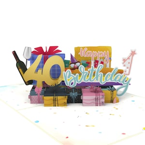 40th Happy Birthday With Presents And Wine Pop Up Karte 3D PopUp Grußkarte von CardPop ®