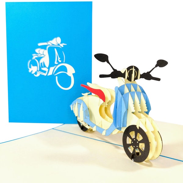 Blaue Vespa Pop-Up Scooter Karte - Perfektes Geschenk für Scooter Enthusiasten
