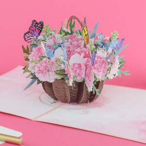 Tarjeta Pop-Up Hortensias Rosadas en Cesta con Mariposas