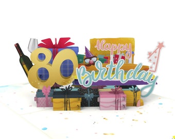 80th Happy Birthday With Presents And Wine Pop Up Card 3D PopUp Greeting Card by CardPop ®